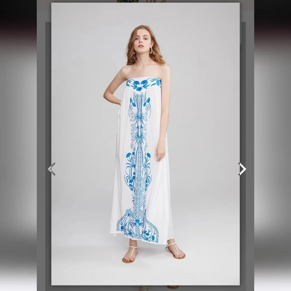 Chic White and Blue Strapless Maxi Dress - Picture 12 of 16